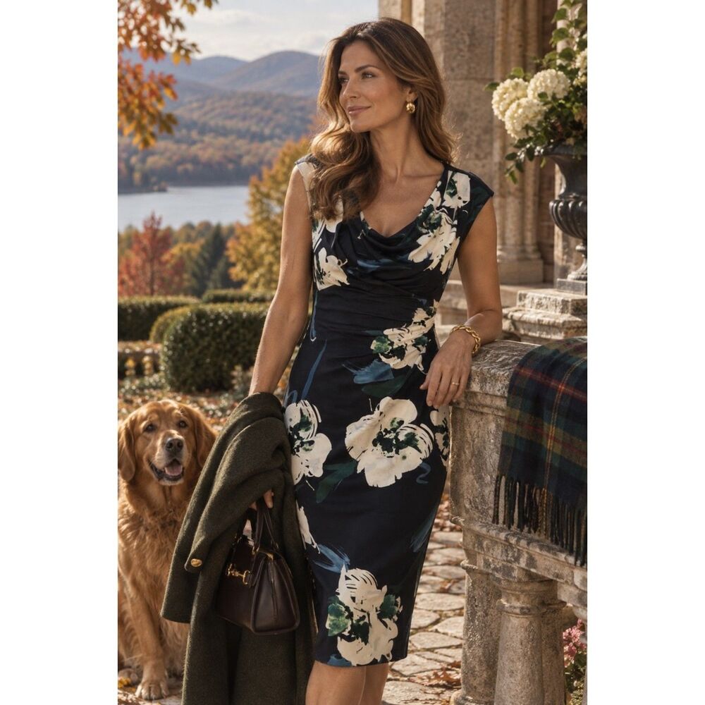 Lauren Ralph Lauren Floral Sheath Dress 14P Navy Cowl Neck Ruched Elegant